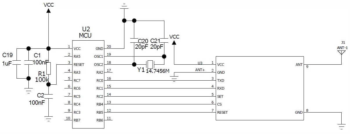 Circuito de aplicação do módulo de porta serial sem fio ANT+ RF51422