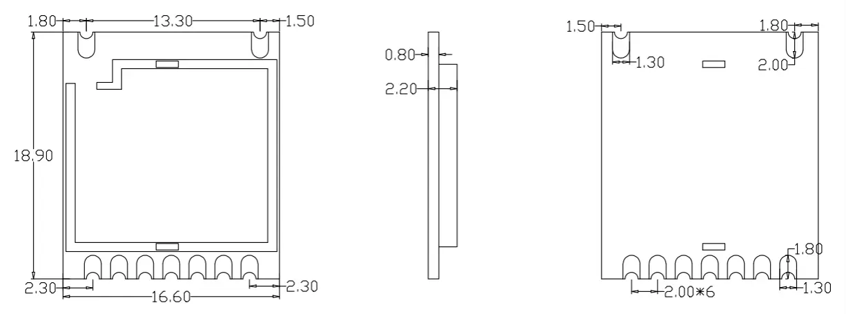 Dimensões mecânicas do módulo transceptor RF RF51422