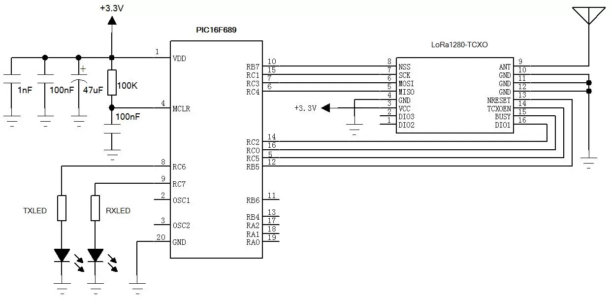 Circuito de aplicação do módulo sem fio LoRa de alcance TCXO SX1280/SX1281 de 2,4 GHz LoRa128X - T