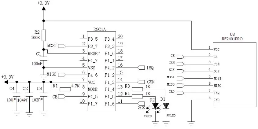 Circuito de aplicação do módulo RF RF2401Pro de 2,4 GHz