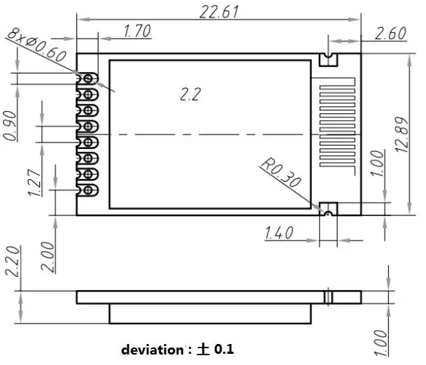 Dimensões mecânicas do módulo RF de 2,4 GHz RF2401Pro