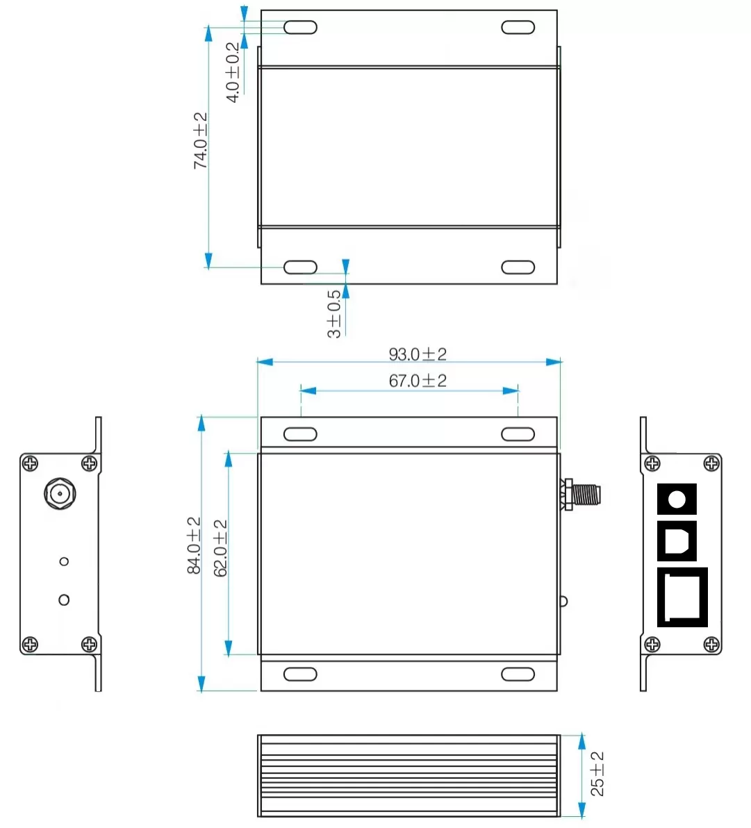 Dimensões mecânicas do sistema de monitoramento de sensores IoT gateway IOT-G010