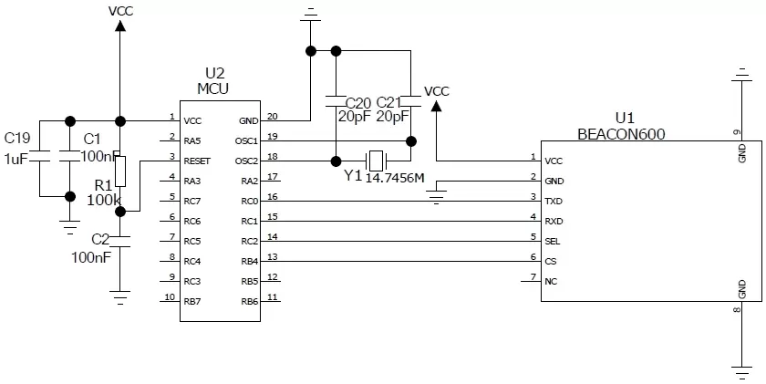 Circuito de aplicação do módulo de beacon UART embarcado Beacon600