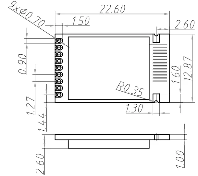 Dimensões mecânicas do módulo de beacon incorporado de 2,4 GHz Beacon128 Dimensões mecânicas do módulo de beacon incorporado de 2,4 GHz Beacon128