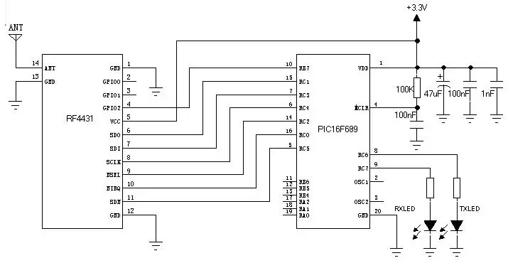 Circuito de aplicação do módulo transmissor e receptor RF RF4431 Circuito de aplicação do módulo transmissor e receptor RF RF4431
