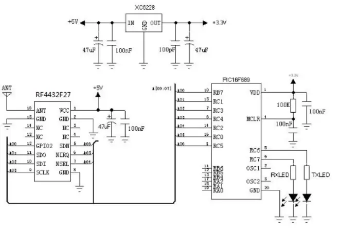 Circuito de aplicação do módulo transmissor e receptor RF de 500mW RF4432F27 Circuito de aplicação do módulo transmissor e receptor RF de 500mW RF4432F27