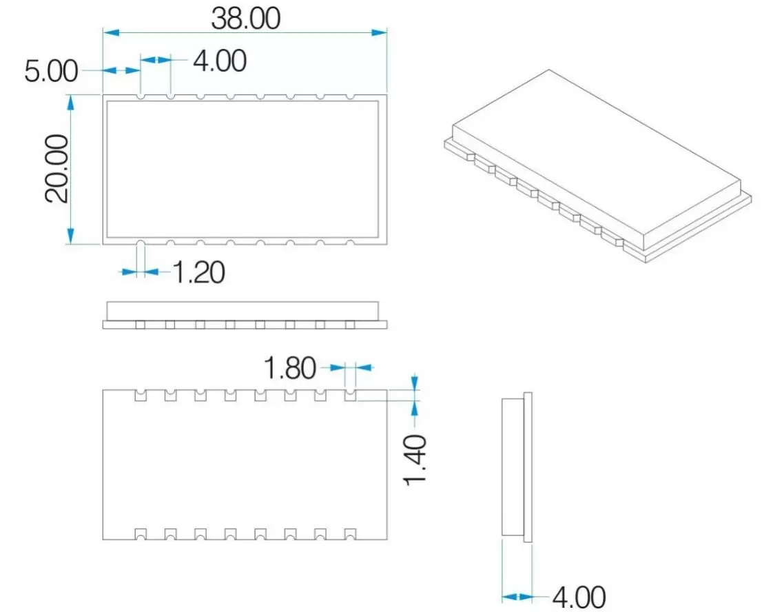 Dimensões mecânicas do módulo transmissor e receptor RF de 500 mW RF4432F27 Dimensões mecânicas do módulo transmissor e receptor RF de 500 mW RF4432F27