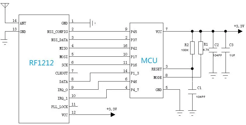 Circuito de aplicação do módulo FSK RF1212 de 20mW baseado em SX1212 Circuito de aplicação do módulo FSK RF1212 de 20mW baseado em SX1212