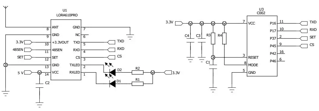 Circuito de aplicação do módulo sem fio LoRa610Pro