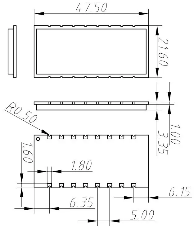 Dimensões mecânicas do módulo transceptor RF UART SV650 Dimensões mecânicas do módulo transceptor RF UART SV650