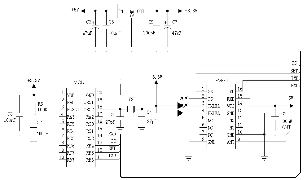 Circuito de aplicação do módulo transceptor RF UART SV650 Circuito de aplicação do módulo transceptor RF UART SV650