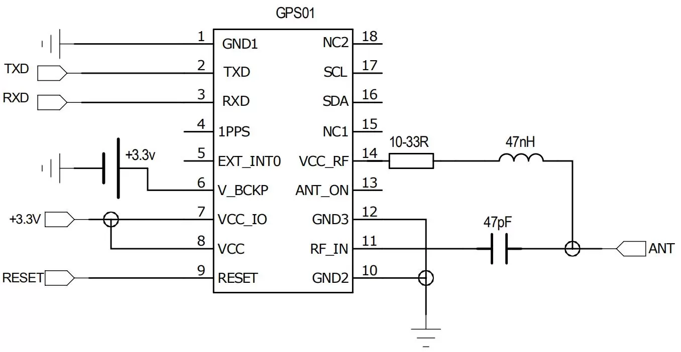 Diagrama de conexão do circuito de aplicação da antena ativa do módulo GPS GPS01