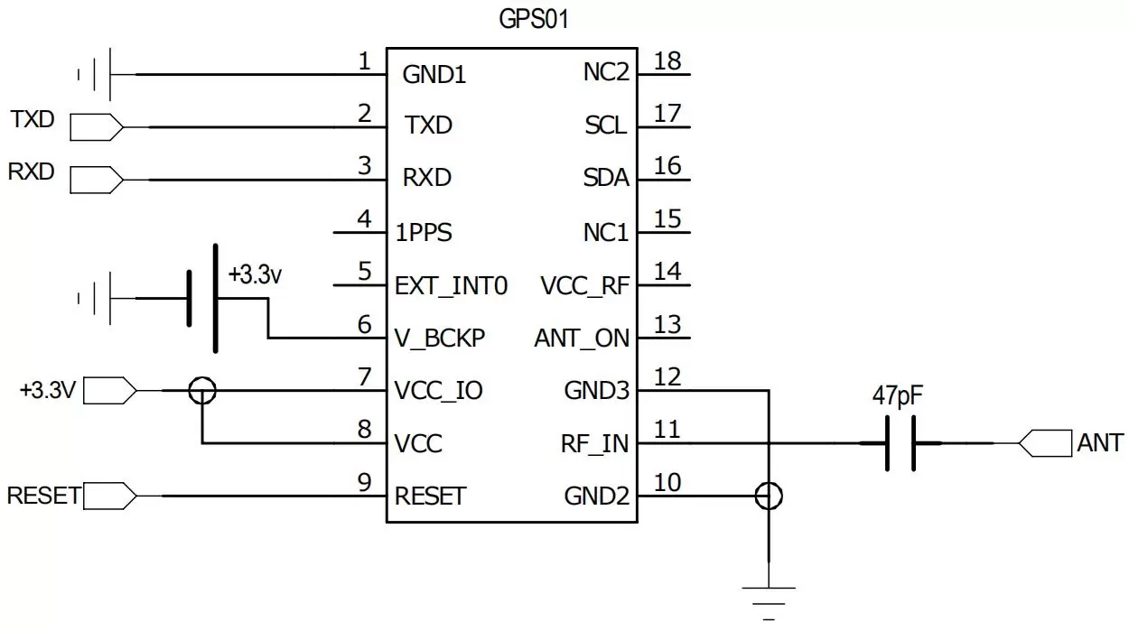Diagrama de conexão do circuito de aplicação da antena passiva do módulo GPS GPS01