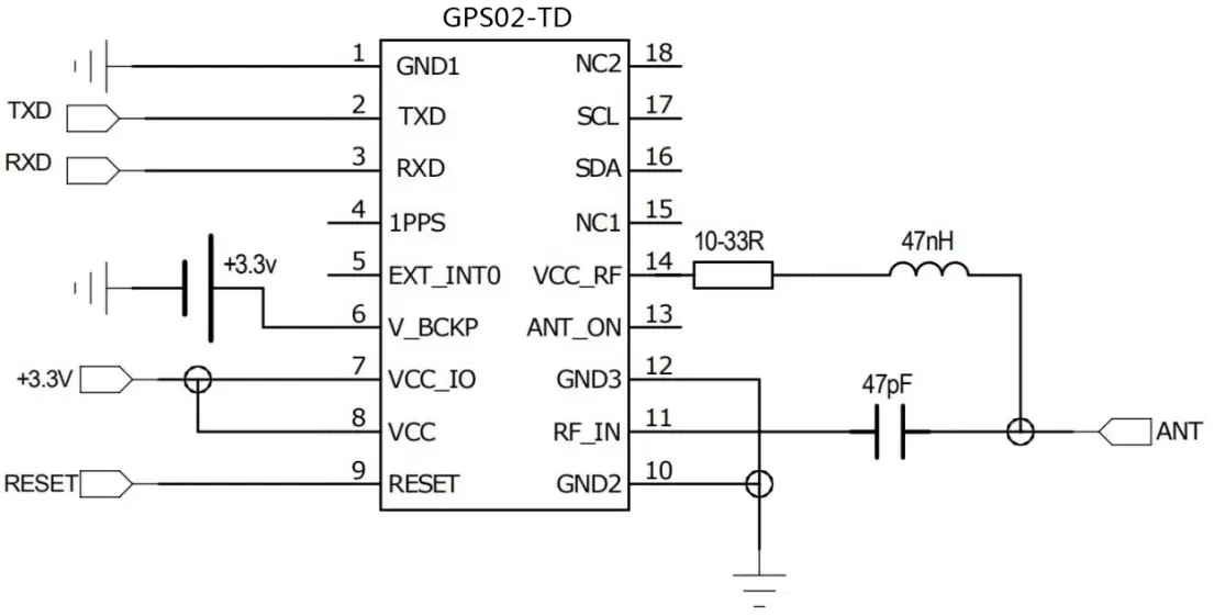 Diagrama de conexão do circuito da antena ativa para o módulo GPS GPS02-TD