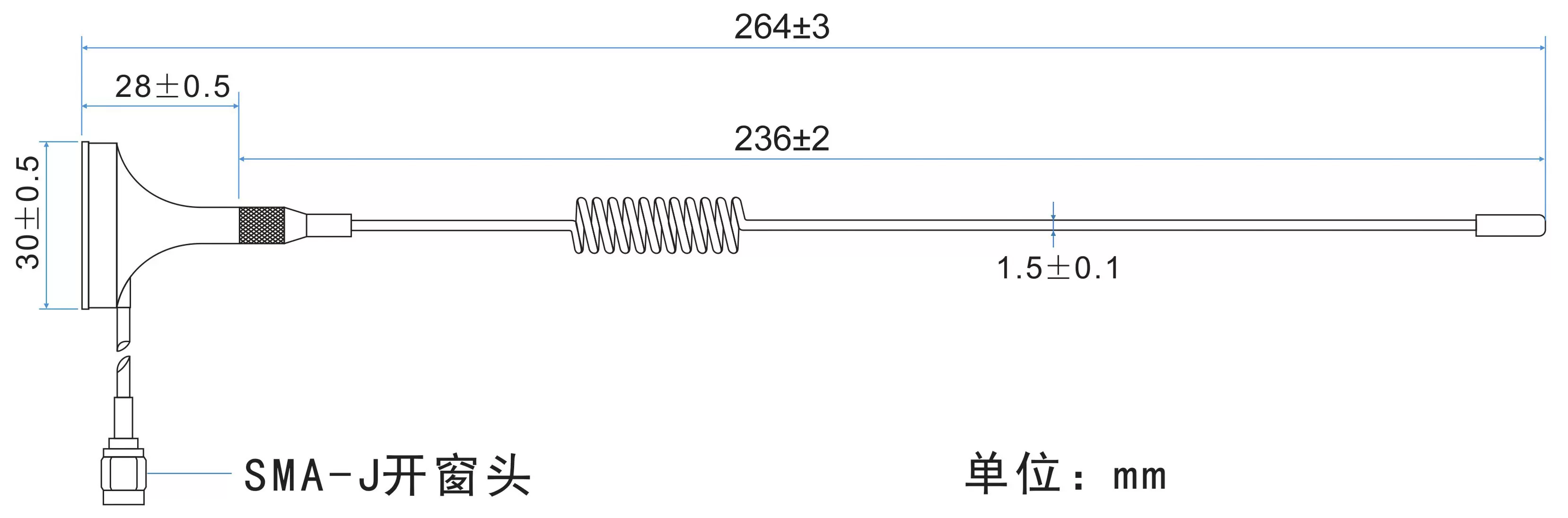 Dimensões da antena de sucção pequena de 915 MHz SW915-XP1M Dimensões da antena de sucção pequena de 915 MHz SW915-XP1M