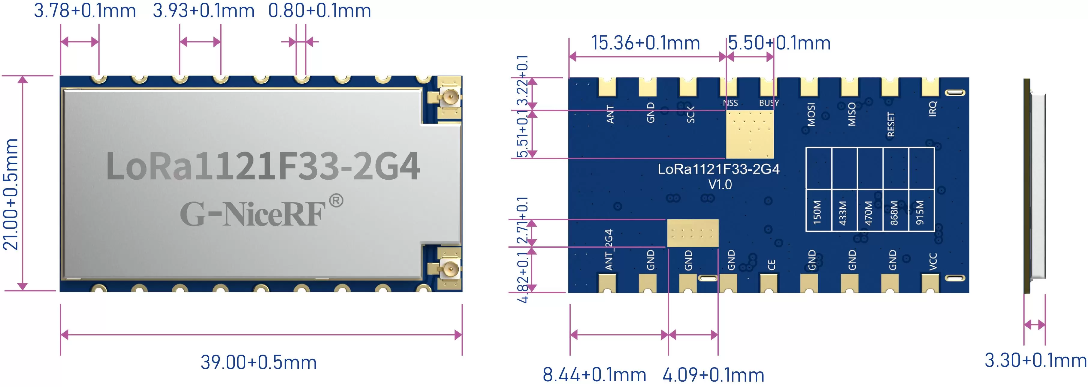 Diagrama de tamanho do módulo LR1121 LoRa1121F33-2G4
