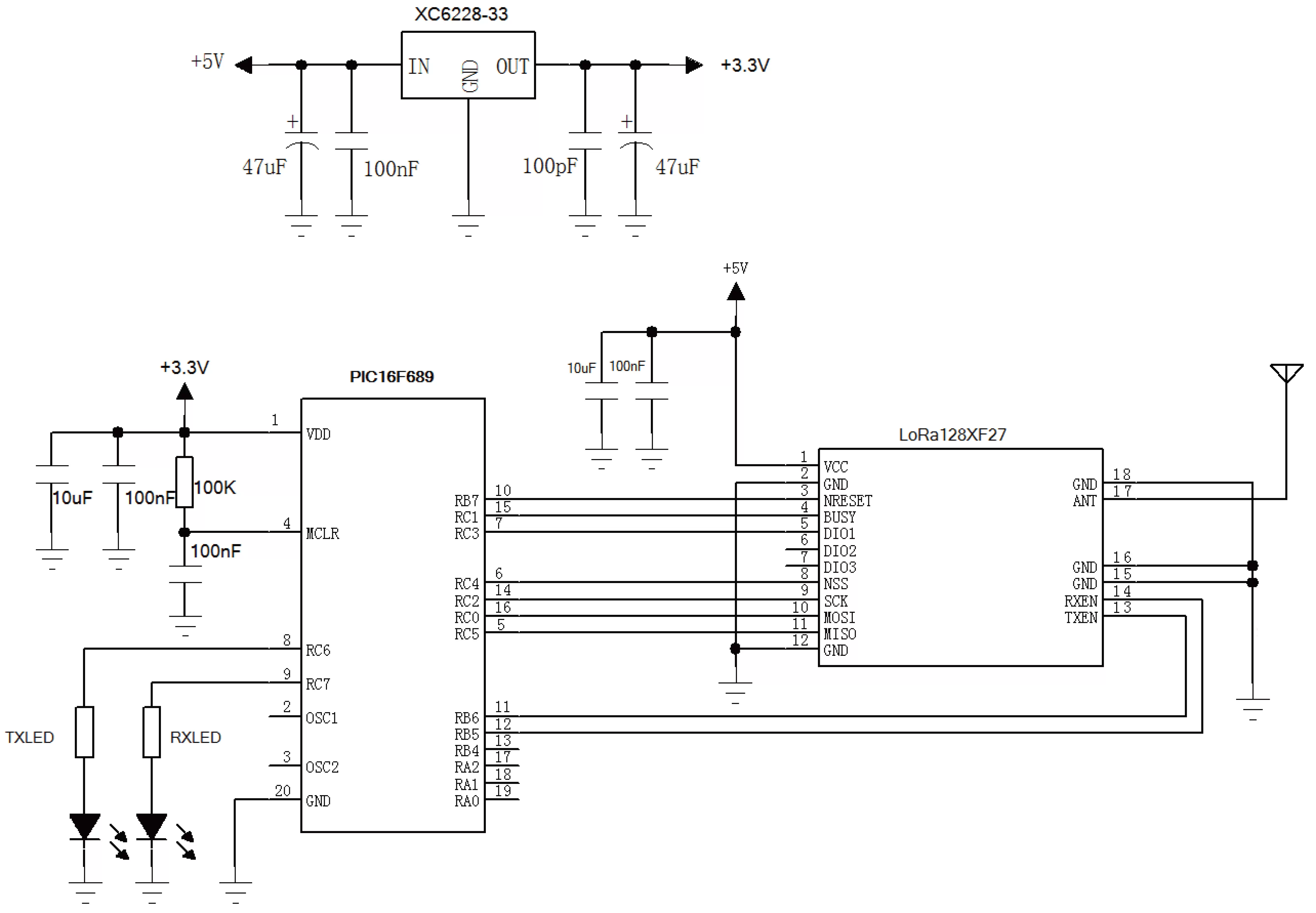 Circuito de aplicação do módulo sem fio LoRa de 2,4 GHz e 500 mW LoRa1281F27
