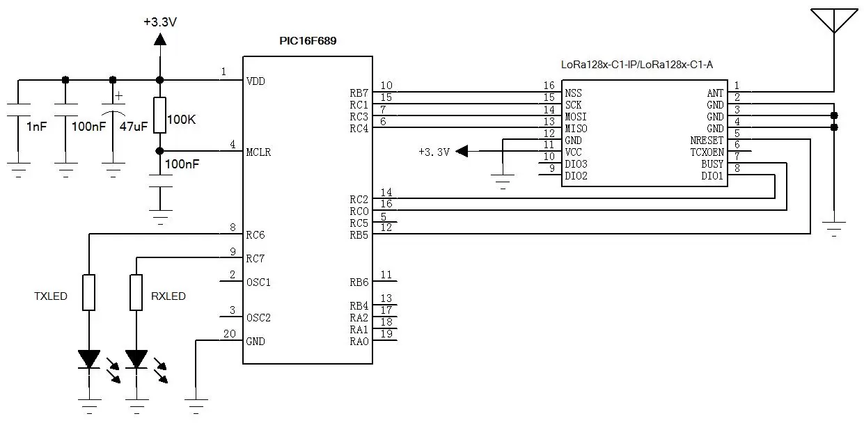 Circuito de aplicação do módulo transceptor sem fio LoRa de 2,4 GHz LoRa128X-C1-IP/LoRa128X-C1-A para conectividade de longo alcance.