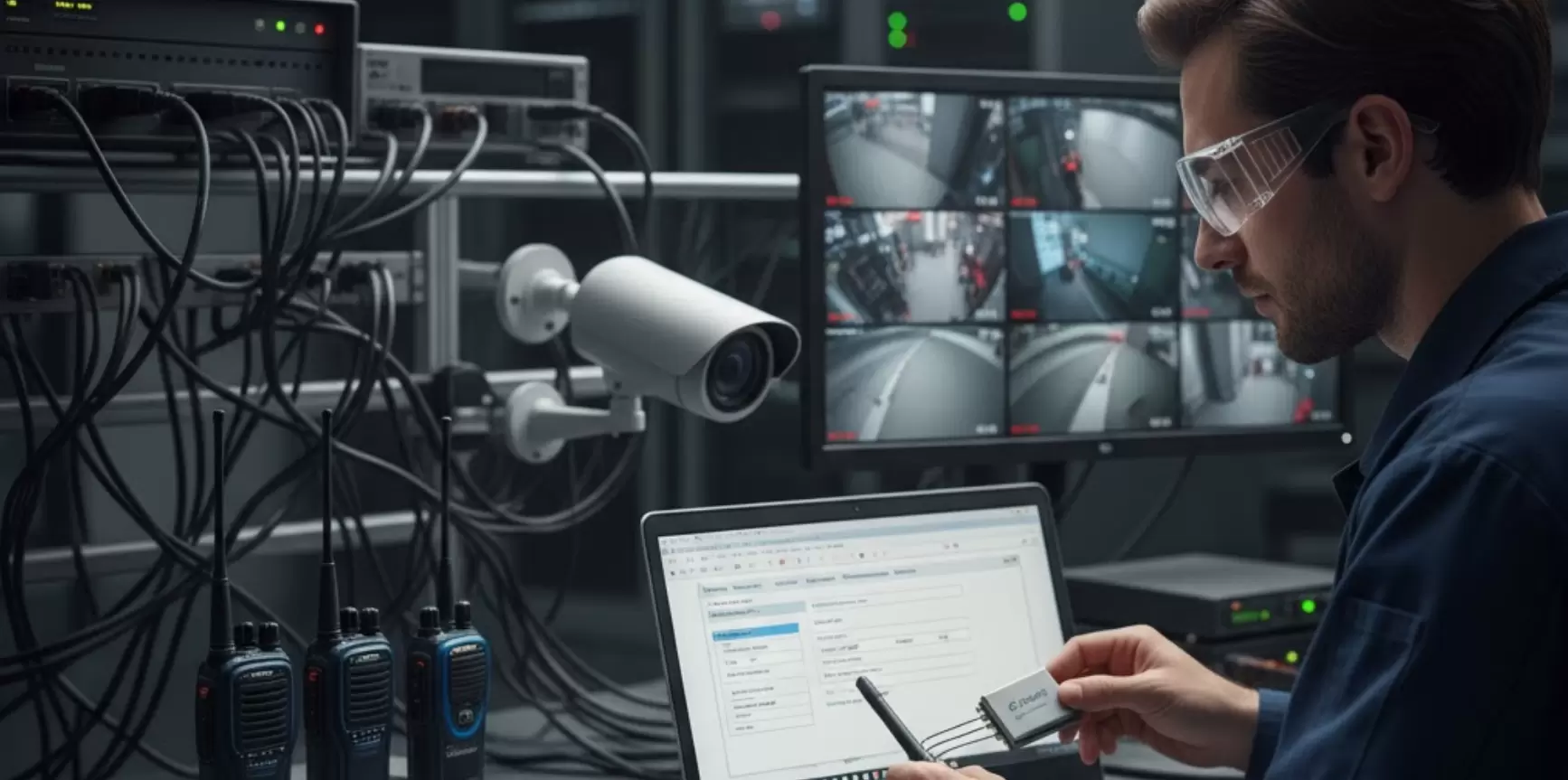 Técnico integrando módulos de áudio full duplex a um sistema de CFTV.