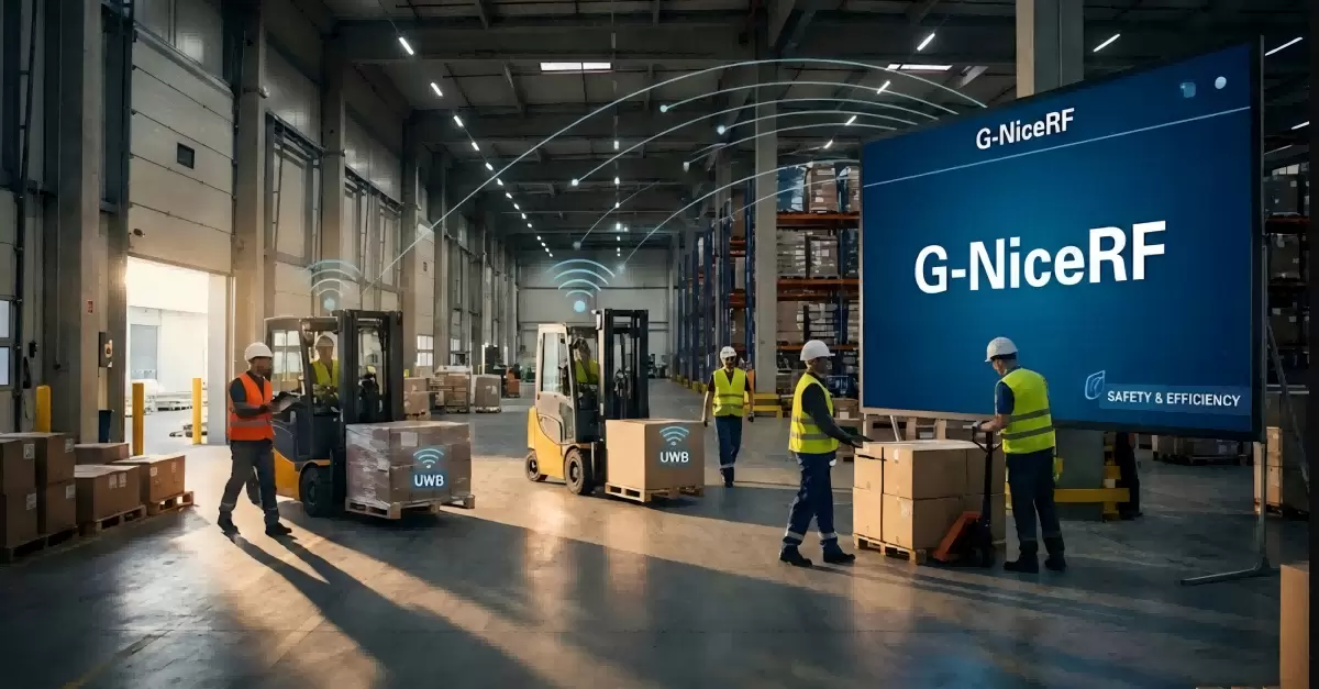 Armazém com rastreamento UWB para segurança e eficiência.