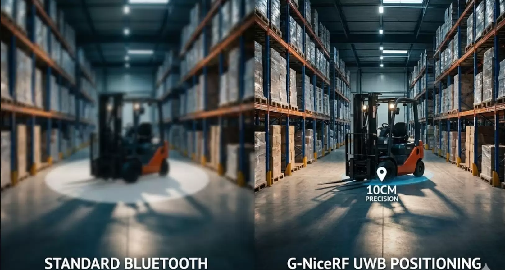Comparação em tela dividida entre a imprecisão do Bluetooth e a precisão do rastreamento UWB do G-NiceRF.
