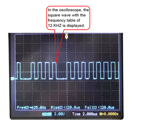 O osciloscópio deve exibir uma onda quadrada com frequência de 1,2 KHz para se qualificar