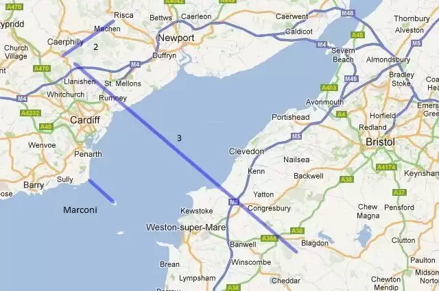 O local de Cardiff para o teste de conexão de 40 quilômetros está localizado no norte da cidade (264 metros acima do nível do mar), e a outra extremidade da linha de visão de 40 quilômetros é Black Down de Mendips (325 metros acima do nível do mar) do outro lado da passagem de Bristol.