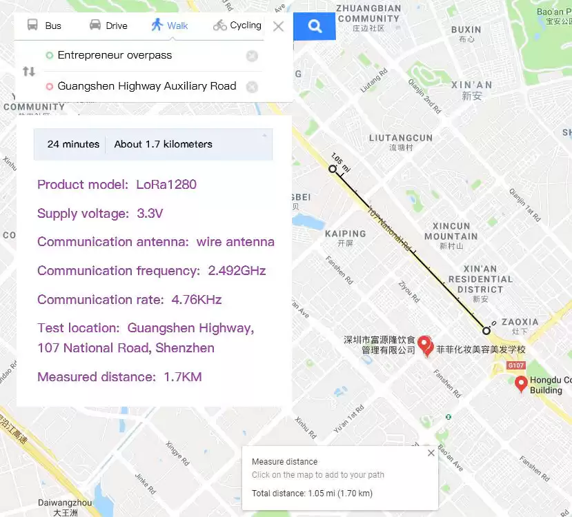 Teste de distância de transmissão do módulo LoRa1280 de 2,4 GHz