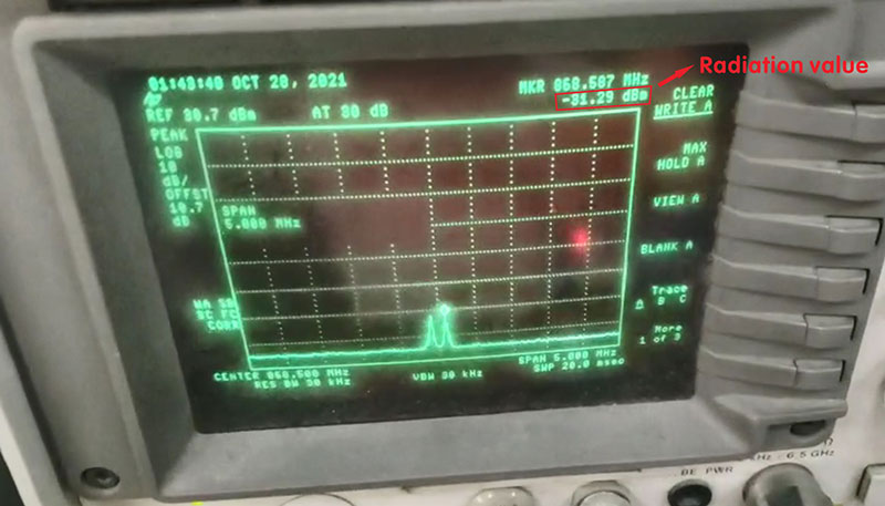 Valor de radiação no gráfico do analisador de espectro