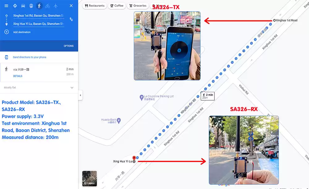 Teste de 200m: status de comunicação do módulo de áudio sem fio SA326-TX e SA326-RX