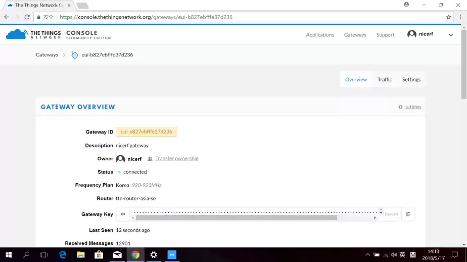 Se o gateway LoRaWAN estiver conectado, podemos ver o estado.