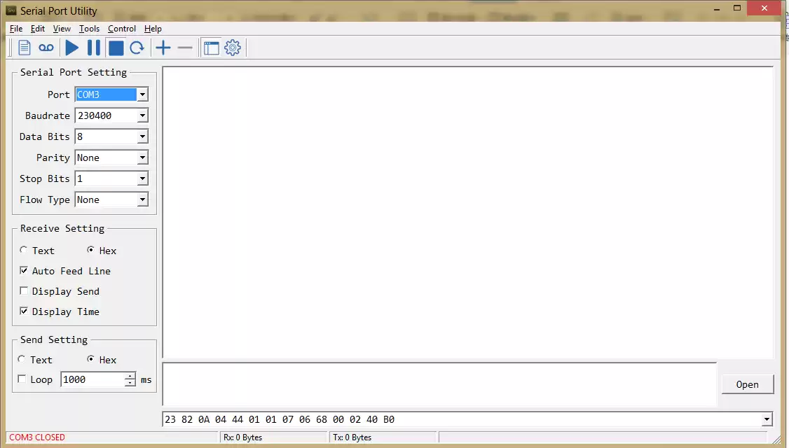 Abra o assistente serial e defina o serial como 230400,8,N,1