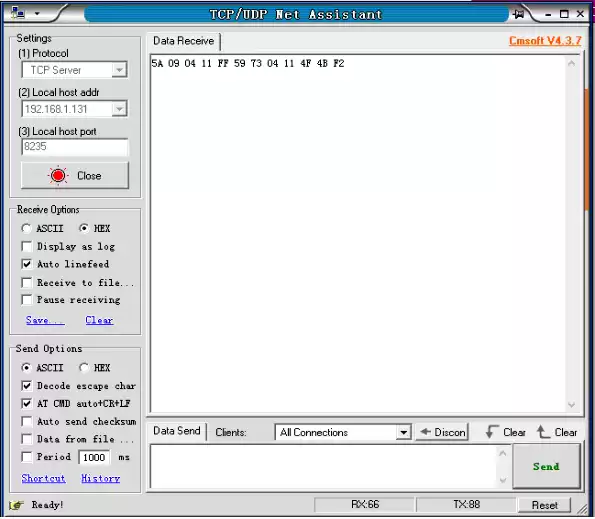 Após a abertura, a saída de dados do nó recebido é a seguinte