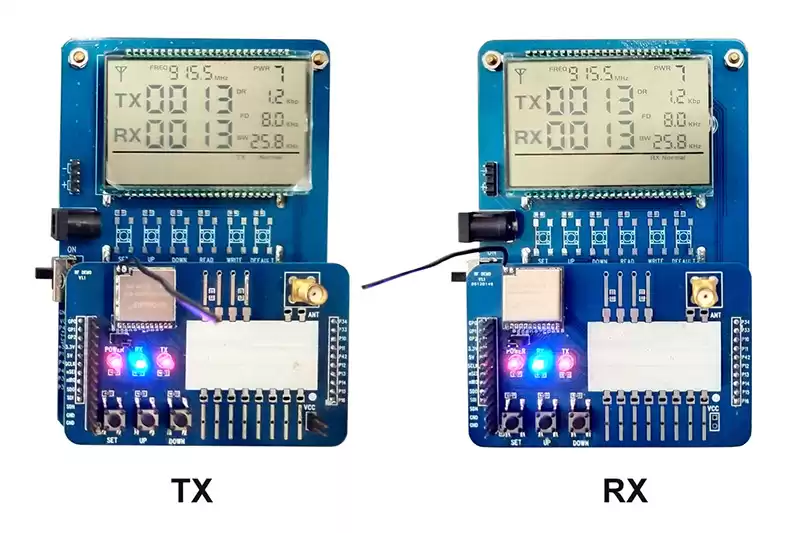 Ligue e configure as duas placas RF4463PRO DEMO dos módulos RF