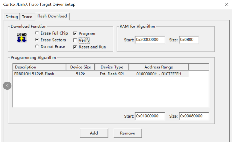 Clique em Flash Download para entrar na interface de configuração de parâmetros do download online J-Link