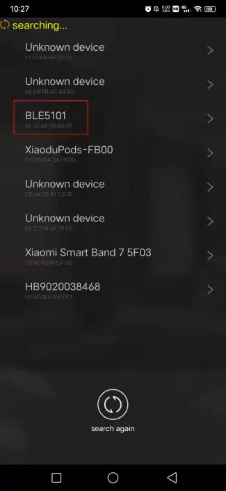 Abra FR801xH_OTA, encontre o módulo BLE BLE5101, clique para conectar ao Bluetooth.