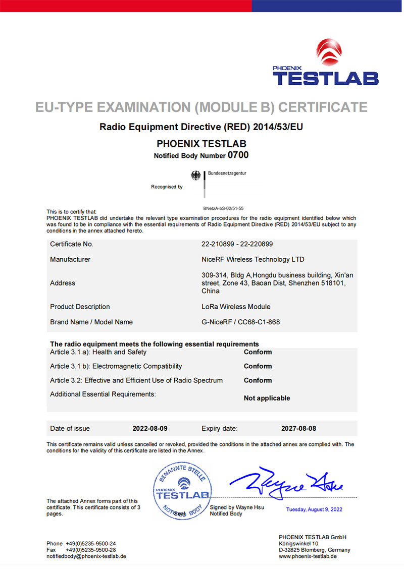 NiceRF obteve certificado CE-RED de seu novo módulo LLCC68 LoRa CC68-C1.