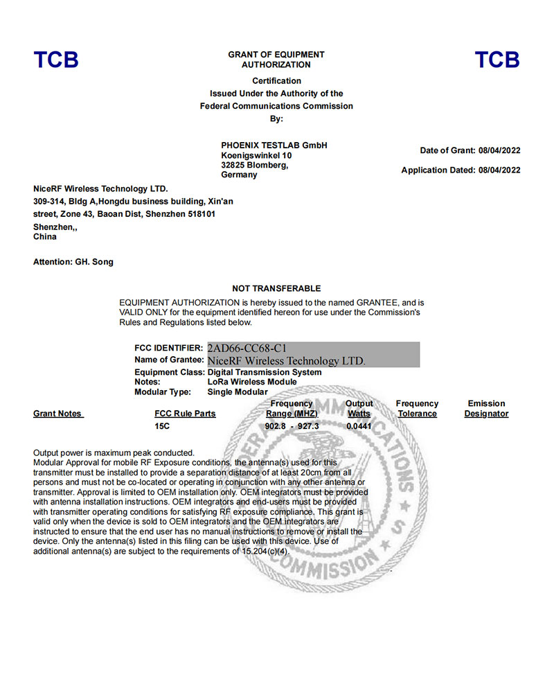 NiceRF obteve certificado FCC ID de seu novo módulo LLCC68 LoRa CC68-C1.