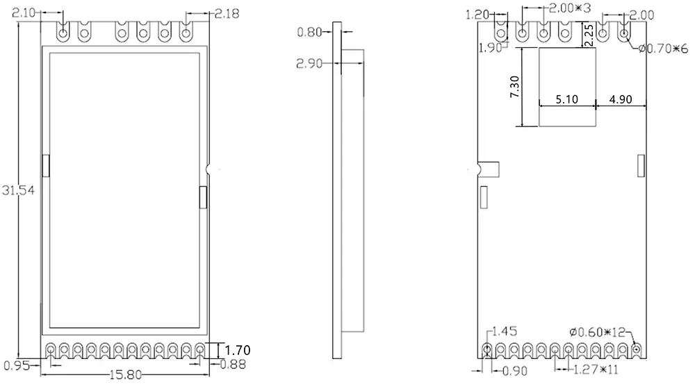 Dimensões mecânicas do módulo SX1280 LoRa LoRa1280F27