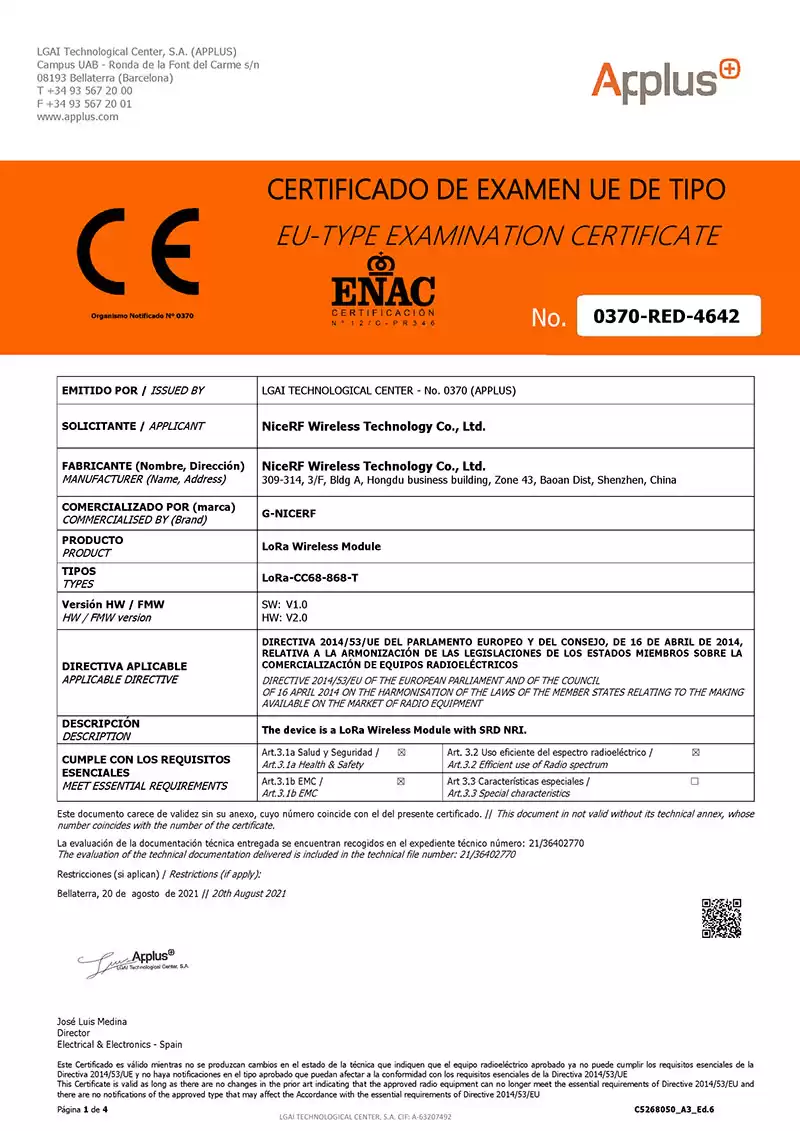 Módulo LoRa Certificação LoRa-CC68-868-TCXO-CE-RED