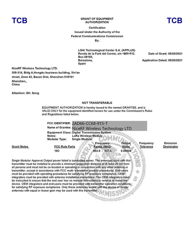 Módulo LoRa Certificação LoRa-CC68-915-TCXO-FCC