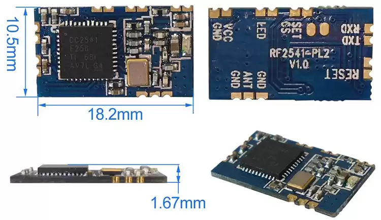 Dimensões mecânicas do módulo BLE RF2541-PL2. Dimensões mecânicas do módulo BLE RF2541-PL2.