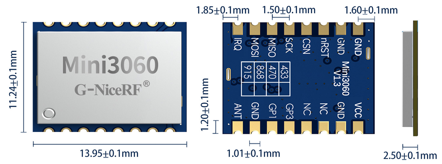 O tamanho do módulo de comunicação sem fio Mini3060