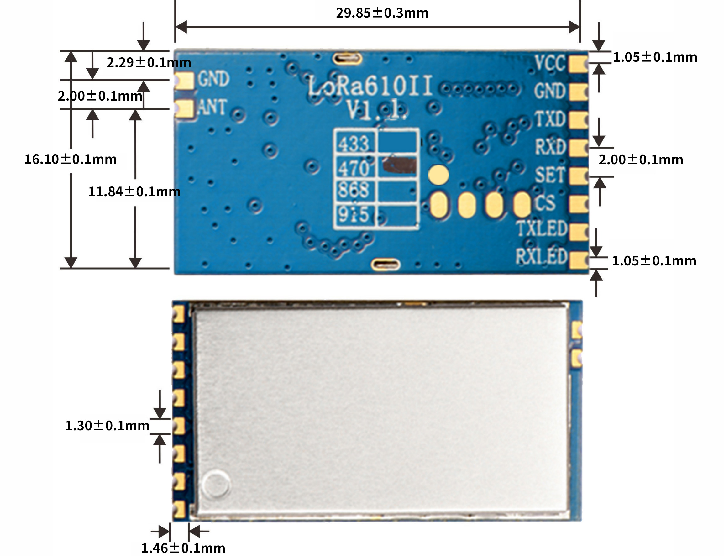 Dimensões mecânicas do módulo LoRa LoRa610II