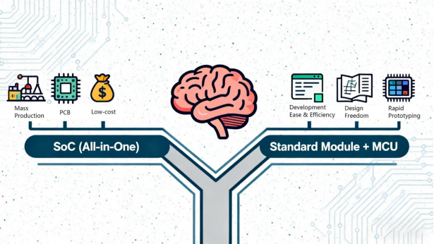As duas opções arquitetônicas para o desenvolvimento de LoRa: o caminho SoC que leva à produção em massa e à economia de custos, versus o módulo padrão com um caminho MCU, que oferece liberdade de design e prototipagem rápida.