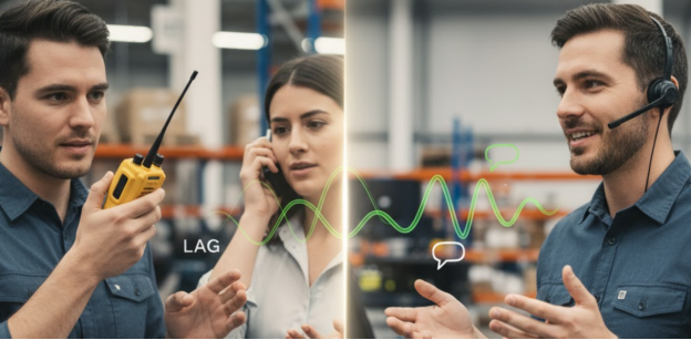 Visualização mostrando a latência half-duplex versus a comunicação full-duplex clara e instantânea.