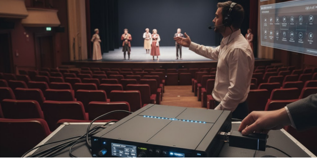 Diretor de palco utilizando um sistema de intercomunicação profissional durante um ensaio teatral.