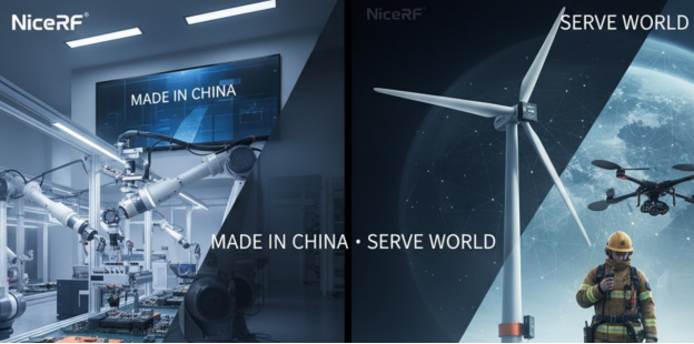 Ambiente industrial com a inscrição "Made in China · Serve the World".