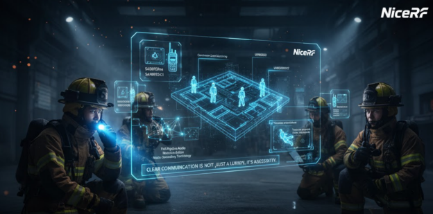 Bombeiros utilizando módulos de áudio full-duplex em um resgate.