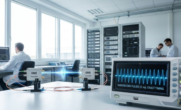 Visualização de laboratório UWB de alta tecnologia mostrando a temporização de pulsos em nanossegundos.